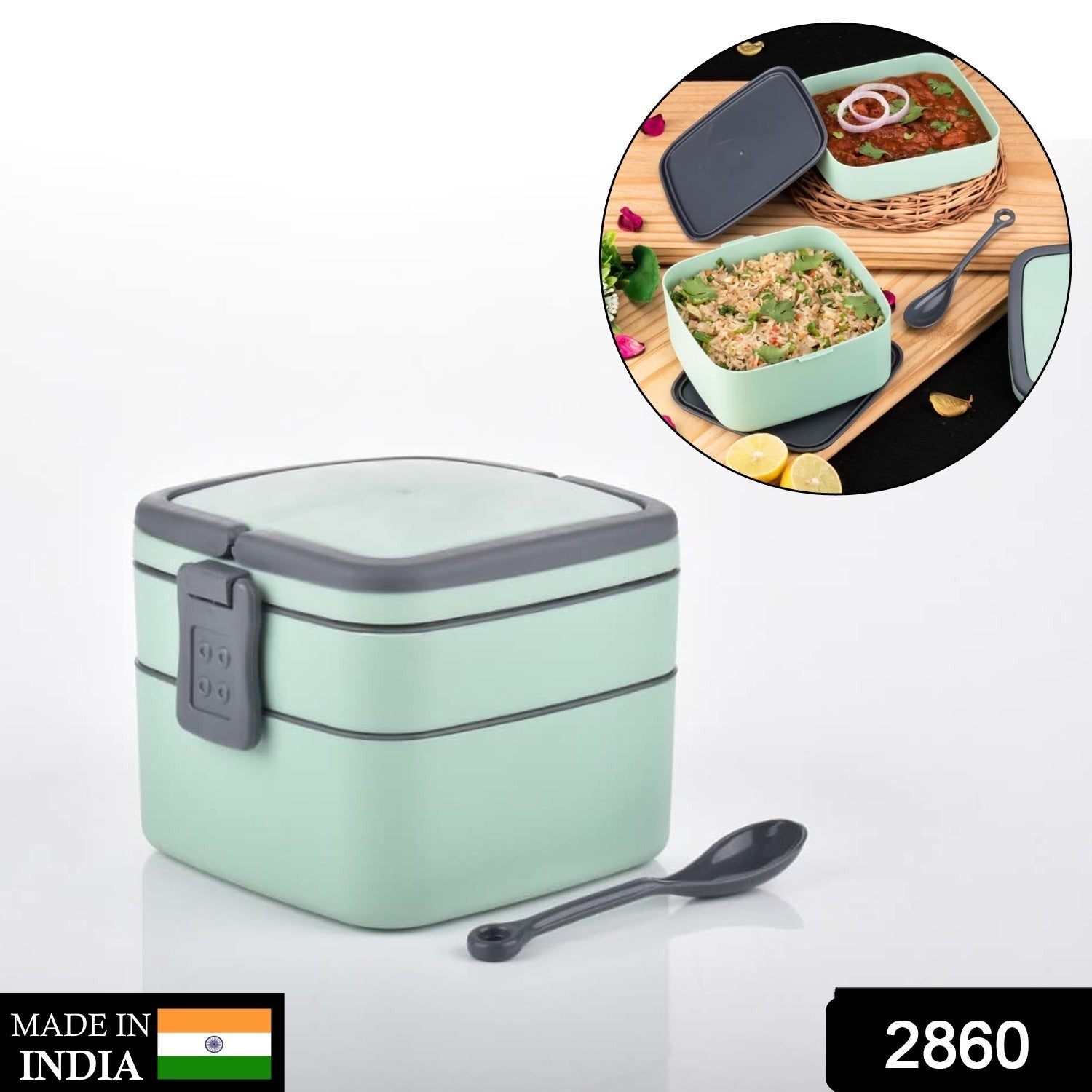 GREEN DOUBLE-LAYER PORTABLE LUNCH BOX STACKABLE WITH CARRYING HANDLE AND SPOON LUNCH BOX , Bento Lunch Box - Springkart 