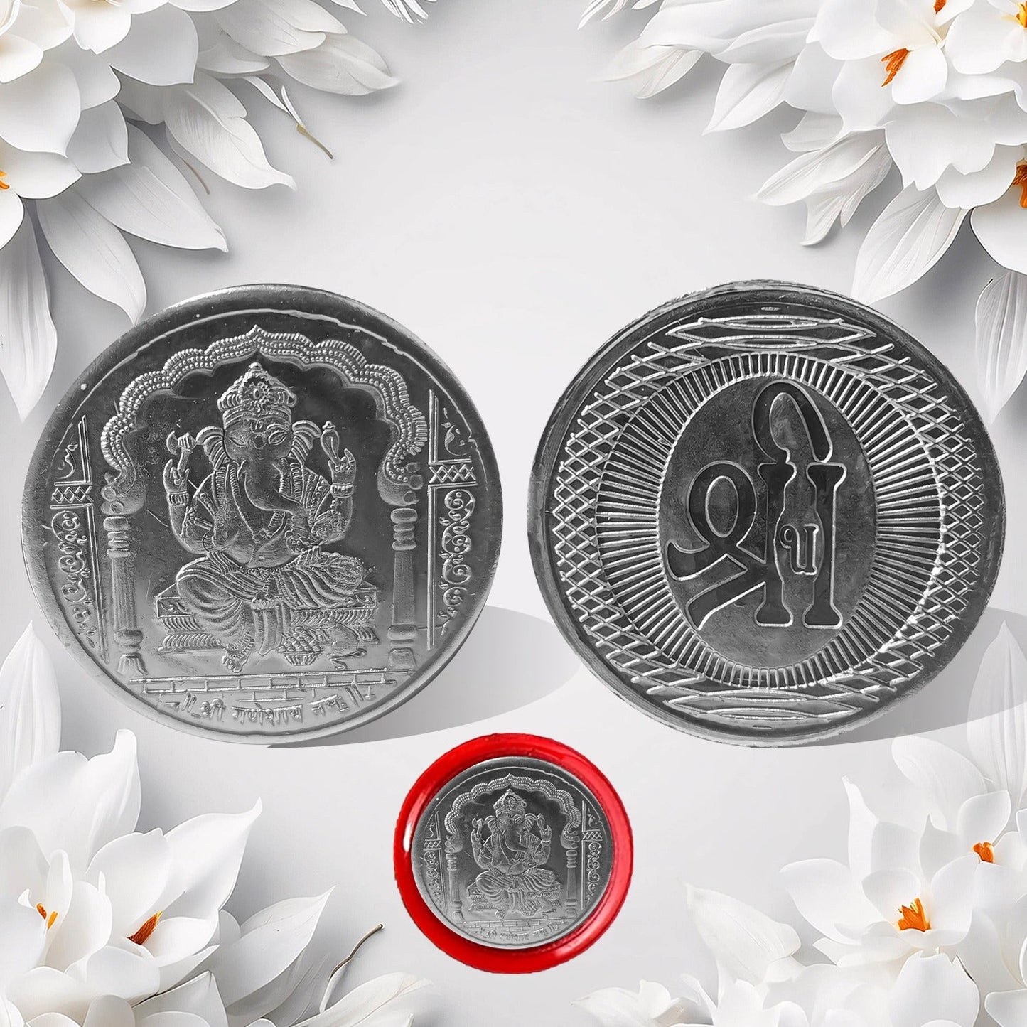 Ganesh Ji, Silver color Coin for Gift & Pooja | Silver Coin | Silver Coin / Diwali Gift (Pack of 4 / (Metal is not silver)