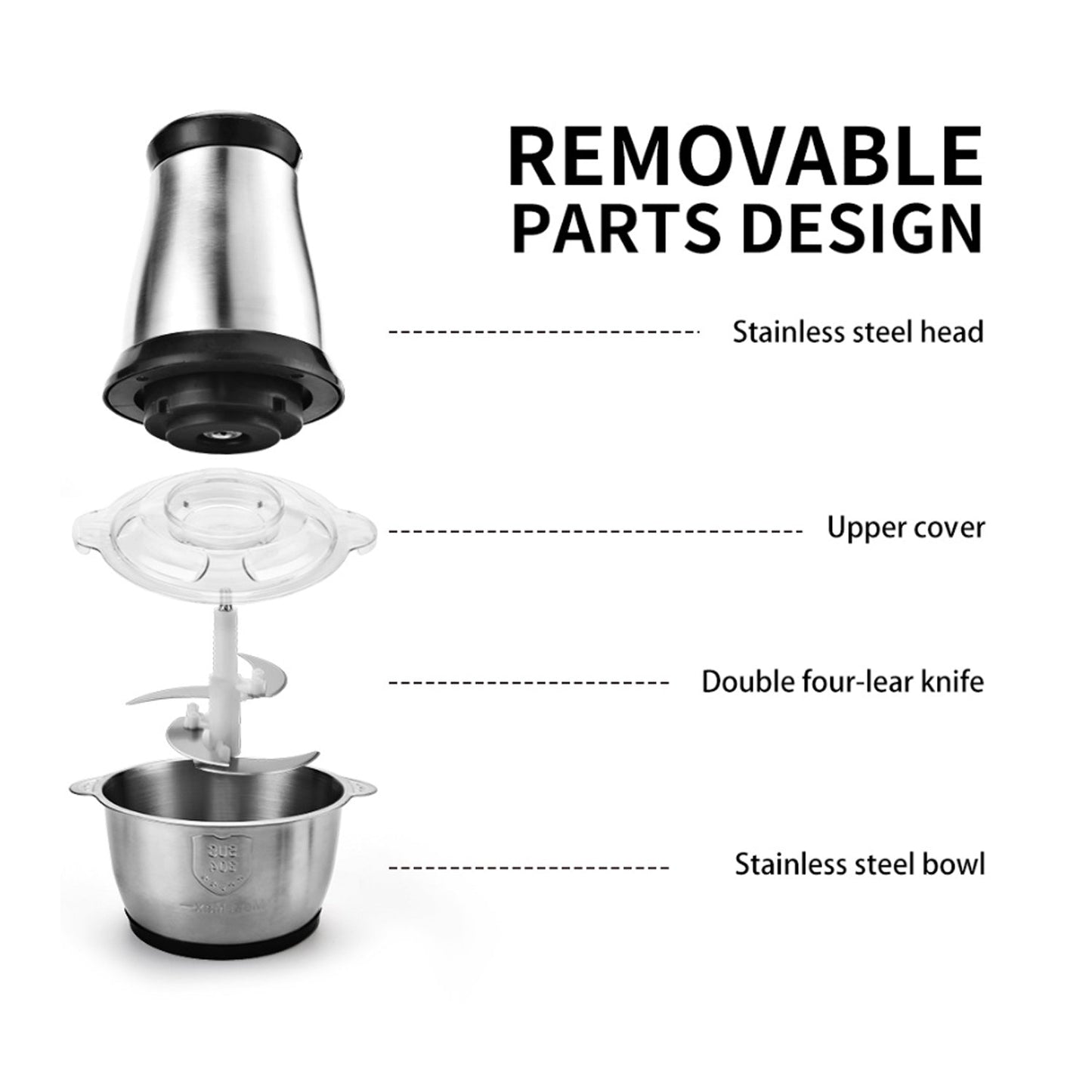 Food processor with 5 blades, close-up of controls