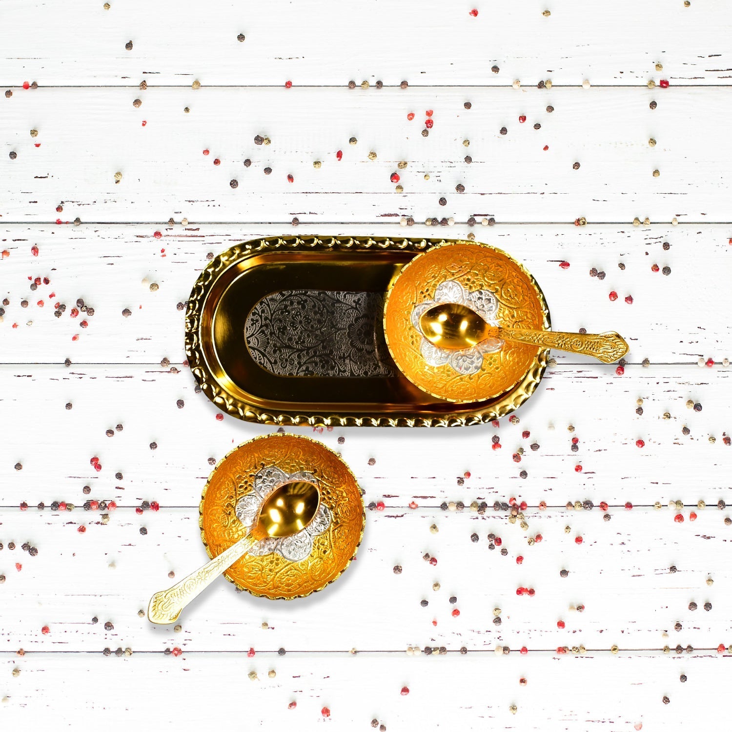 Gold Silver Plated 2 Bowl 2 Spoon Tray Set Brass with Red Velvet Gift Box Serving Dry Fruits Desserts Gift - Springkart 