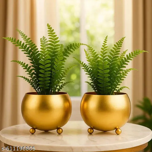 (Plants Not Included) - Set of 2 Round Gold Metal Vases Showpiece | Decorative Tabletop Pots for Home, Office & Gifting