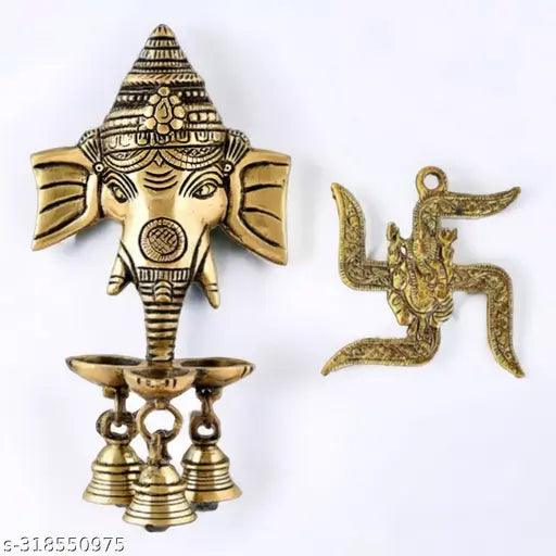 Wall Mounted Lord Ganesha Diya and Bells Oxidized White Metal Handcrafted Golden Sculpture Wall