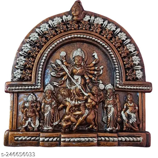 Terracotta Handpainted Maa Durga Family Wall Hanging in Copper Color