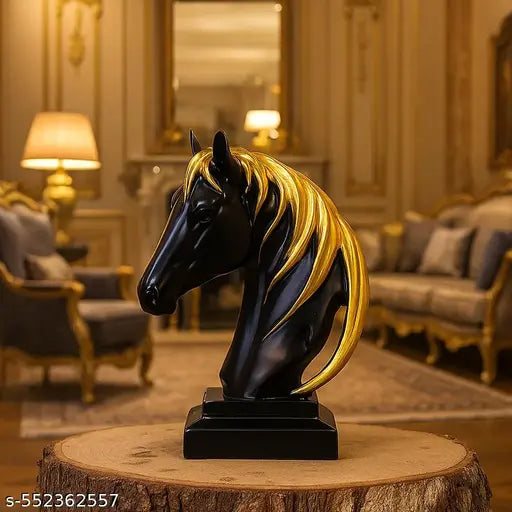 Planet Mart Present Showpiece of Black Horse with Golden Hair Statue Showpiece For Home Living Room Decor | Horse Showpiece & Collectibles| Vaastu Decorative Figurine-5*7.5 Inches |Material : Polyresin
