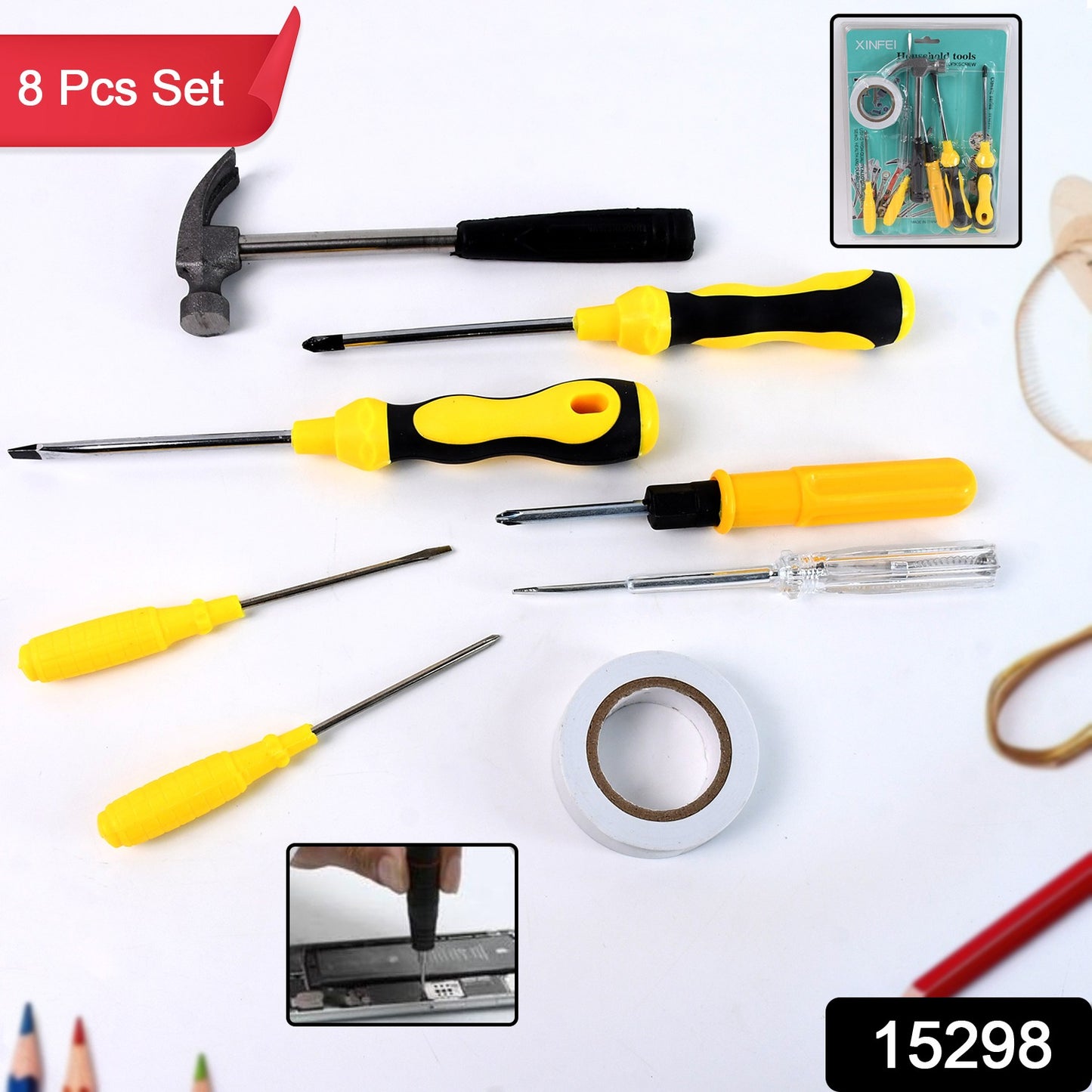 8 In 1 Hand Tool Kit Steel And Plastic Hammer Screwdriver Tape - Springkart 