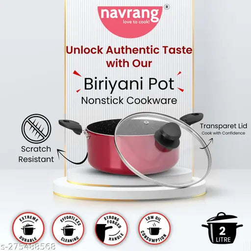 Navrang Nonstick Small Stewpan 180 With Glass Lid,2L Capacity, Red Color