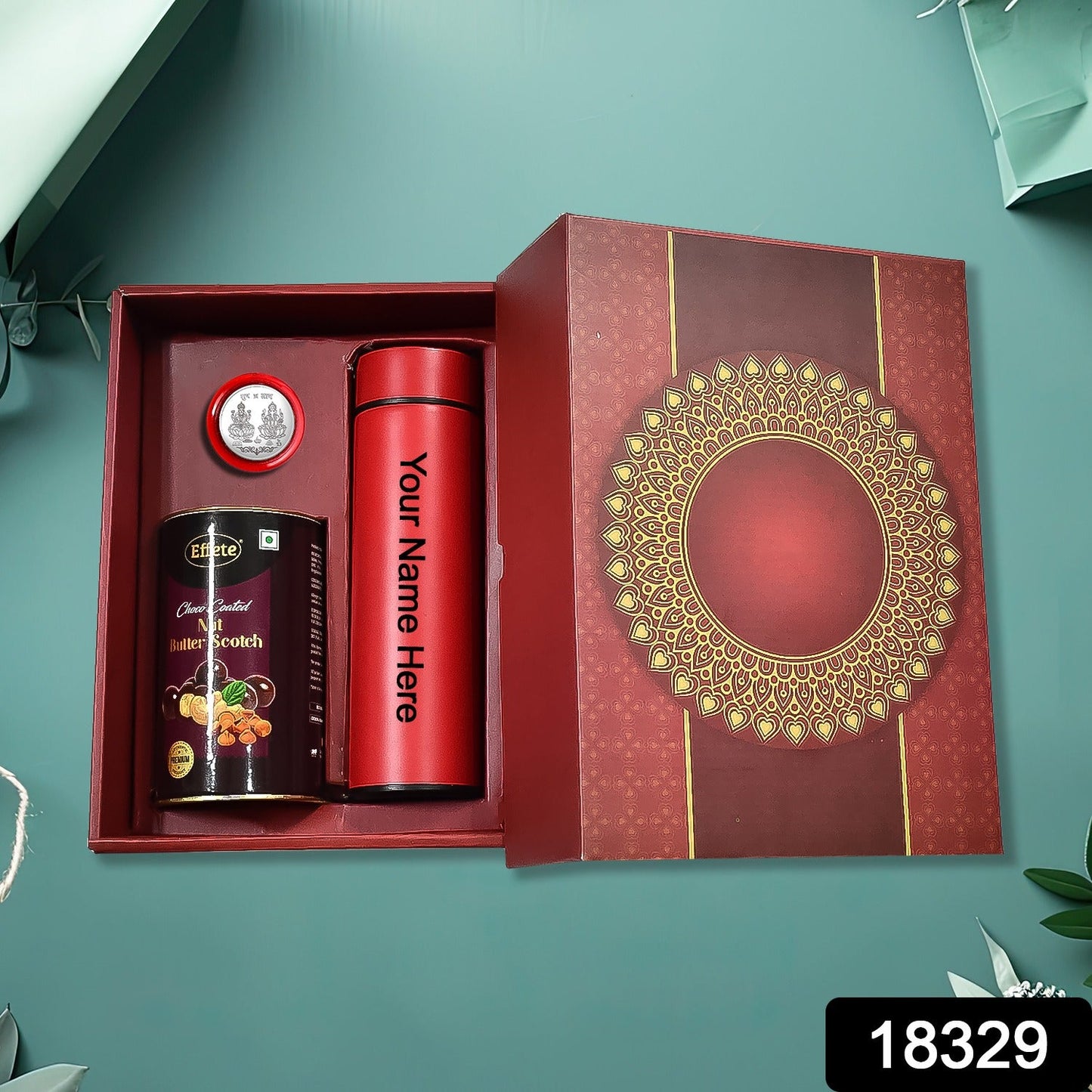 Personalized Temperature Water Bottle, Silver color Coin & Chocolate (With Attractive Multi Color Box / 3 Pc Set) - Springkart 