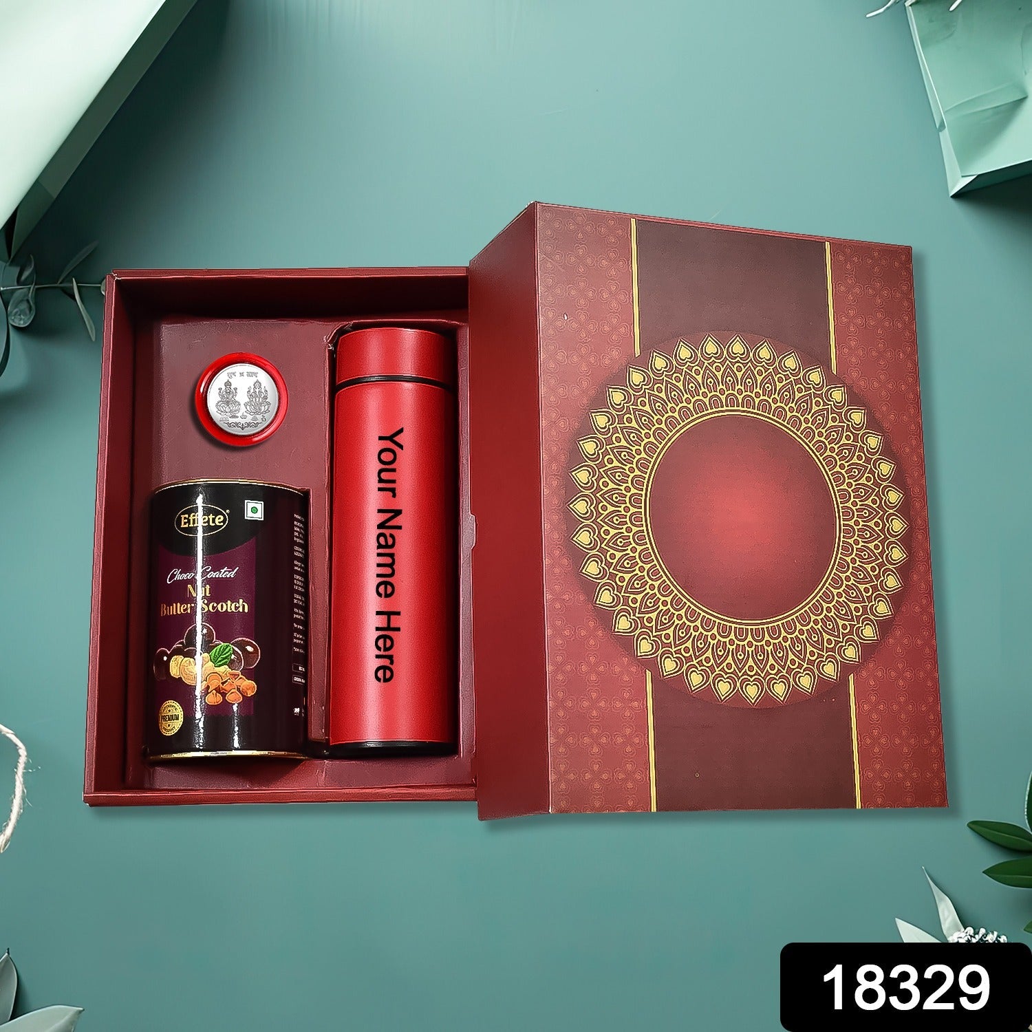 Personalized Temperature Water Bottle, Silver color Coin & Chocolate (With Attractive Multi Color Box / 3 Pc Set) - Springkart 