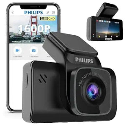 Philips GoSure 5101 Dash Cam for Car | 2K QHD 1600p Sony STARVIS IMX335 | 135° Wide Angle | Night Vision | G-Sensor | Loop Recording | Wi-Fi App | Car Camera Recorder