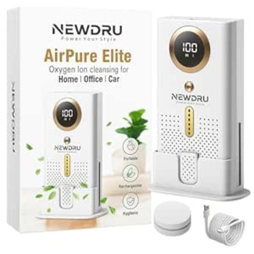 NEWDRU AirPure Elite – Portable Air Purifier Deodorizer | Removes Odours in Car, Fridge, Home & Office | Negative Ion Fresh Air Technology | USB Rechargeable | Compact & Silent | White