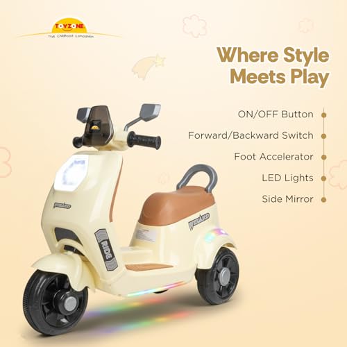 Toyzone Wizard Electric Scooty | Rechargeable Scooty 6V | Powered by 6.5 ah Battery | Music Player with Bluetoooth & USB | 6 Month Warranty on Battery | Make in India | for Kids 2+ Years (Ivory)