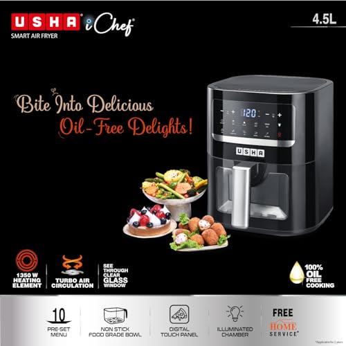 USHA Ichef Smart Air Fryer 4.5L,10 In 1 Functions10 Preset Menu|Digital Display&Touch Panel|Transparent Window|Illuminated Chamber|Turbo Air Circulation|Oil Free Cooking|Auto Pause/Start(Black),1350W :  Home & Kitchen