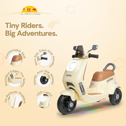 Toyzone Wizard Electric Scooty | Rechargeable Scooty 6V | Powered by 6.5 ah Battery | Music Player with Bluetoooth & USB | 6 Month Warranty on Battery | Make in India | for Kids 2+ Years (Ivory)
