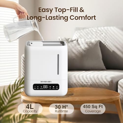 BINSBARRY Smart Ultrasonic Humidifier and Aroma Difuser, 4L Cool Mist Humidifiers for Home & Bedroom, Top Filling, 360° Nozzle and Auto Shut-Off with Timer, LED Display, Remote Control (White) : Amazon.in: Home & Kitchen