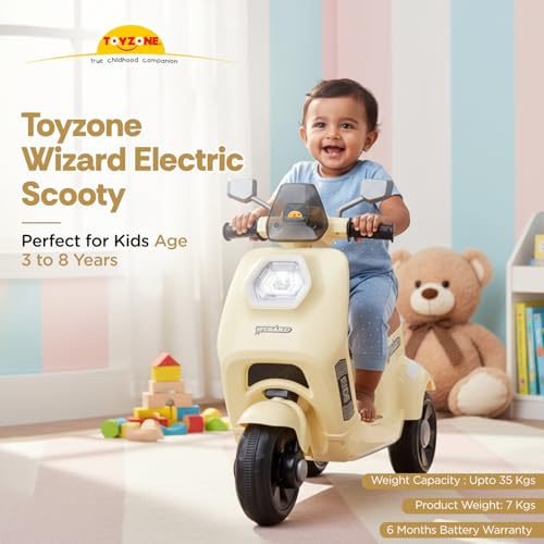Toyzone Wizard Electric Scooty | Rechargeable Scooty 6V | Powered by 6.5 ah Battery | Music Player with Bluetoooth & USB | 6 Month Warranty on Battery | Make in India | for Kids 2+ Years (Ivory)