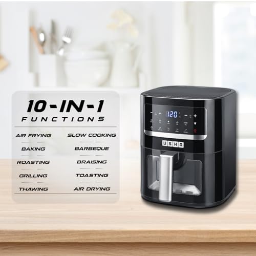USHA Ichef Smart Air Fryer 4.5L,10 In 1 Functions10 Preset Menu|Digital Display&Touch Panel|Transparent Window|Illuminated Chamber|Turbo Air Circulation|Oil Free Cooking|Auto Pause/Start(Black),1350W :  Home & Kitchen