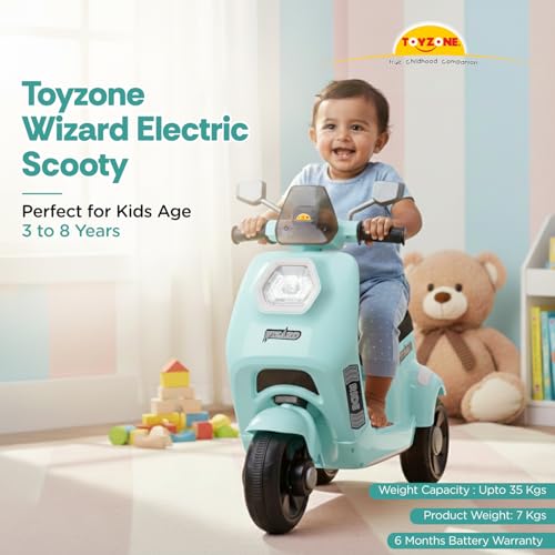 Toyzone Wizard Electric Scooty | Rechargeable Scooty 6V | Powered by 6.5 ah Battery | Music Player with Bluetoooth & USB | 6 Month Warranty on Battery | Make in India | for Kids 2+ Years (Blue)