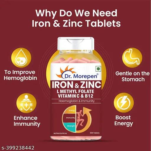 Dr. Morepen Iron & Zinc Tablets with Vitamin C & B12 for Immunity & Hemoglobin Boost - 60 Veg Tablets Pack of 2