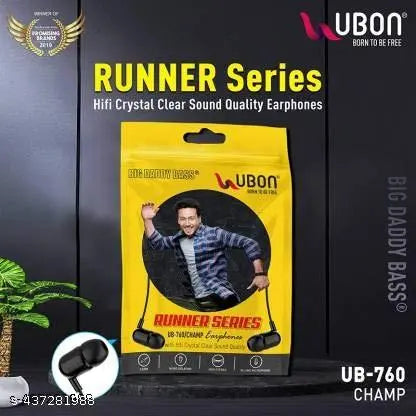 Ubon Earphones UB 760 Universal Runner Earphone with mic Wired Hi-Resolution Audio Deep Ergonomic Sweatproof Earbuds for All Smartphones Dynamic 10mm Driver, (Black)