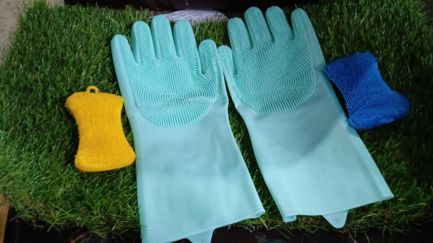 Silicone Kitchen Magic Gloves & Scrubber For Dishwashing & With Brush Cleaning Scrubber - Springkart 
