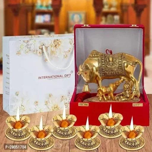 Golden Kamdhenu Cow with Laddu Gopal Statue Oxidized Finish with Luxury Velvet Box Pack and Beautiful Carry Bag Showpiece for Home Decor (Diya Set of 6 Pics)