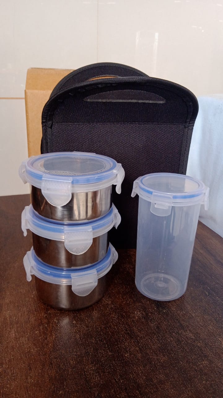 Compact Stainless Steel Airtight Lunch Box Set - 4 pcs (3 Leakproof Containers and 1 Bottle) - Springkart 