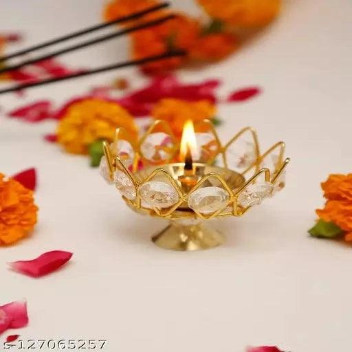 diya / akhand diya / crystal lamp / crystal diya/diamond crystal diya Brass Table Diya (Height: 3 inch)