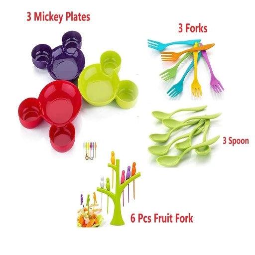 Plastic Unbreakbale Mickeyy Shaped Kids Snack Serving Plate ( Set of 3,+3 spoon 3 fork +frut frok Multicolour) - Springkart 