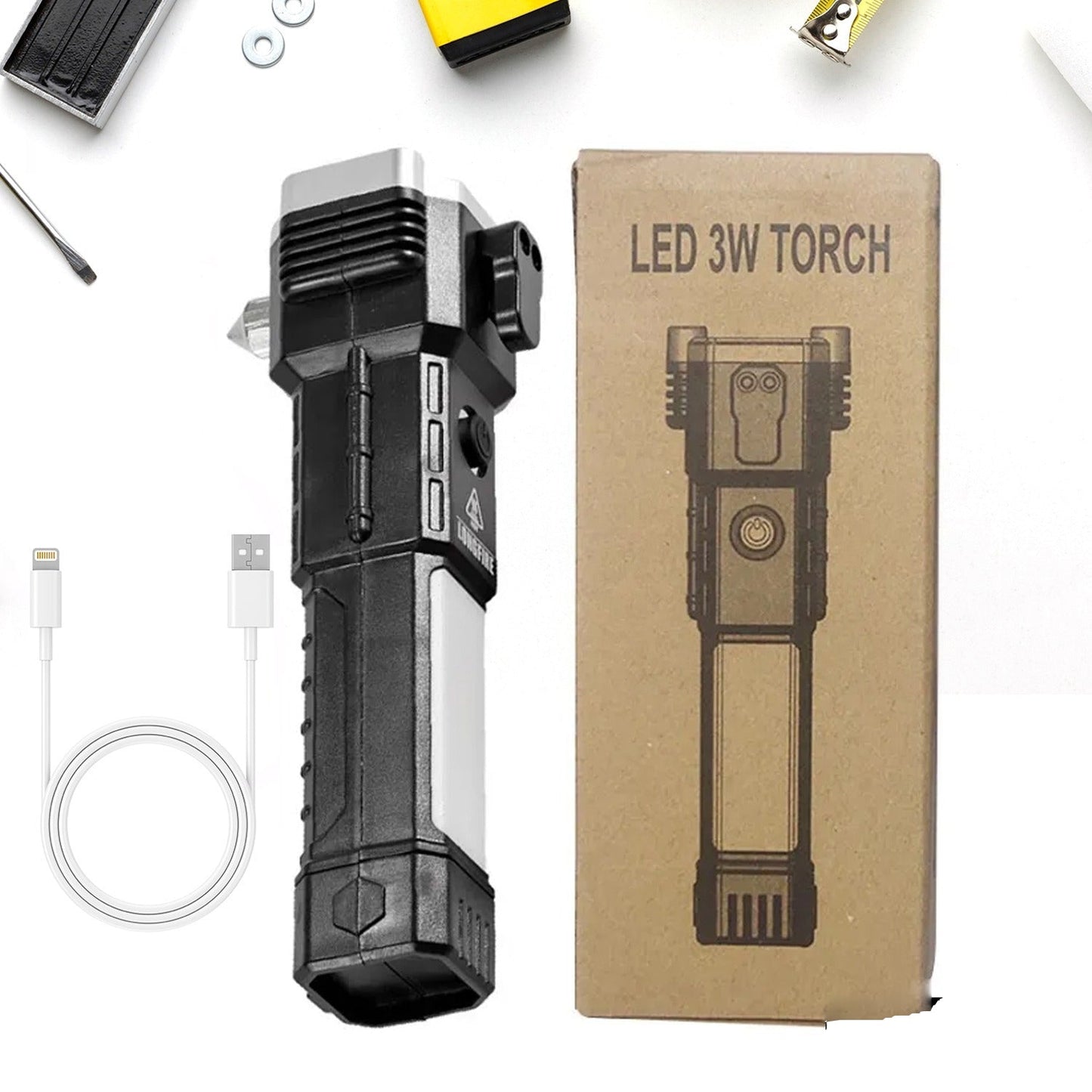 Portable 3w Rechargeable Torch LED Flashlight Long Distance Beam Range, Hammer and Strong Magnets, Window Glass and Seat Belt Cutter 4 Modes for Car Camping Hiking Indoor Outdoor - Springkart 