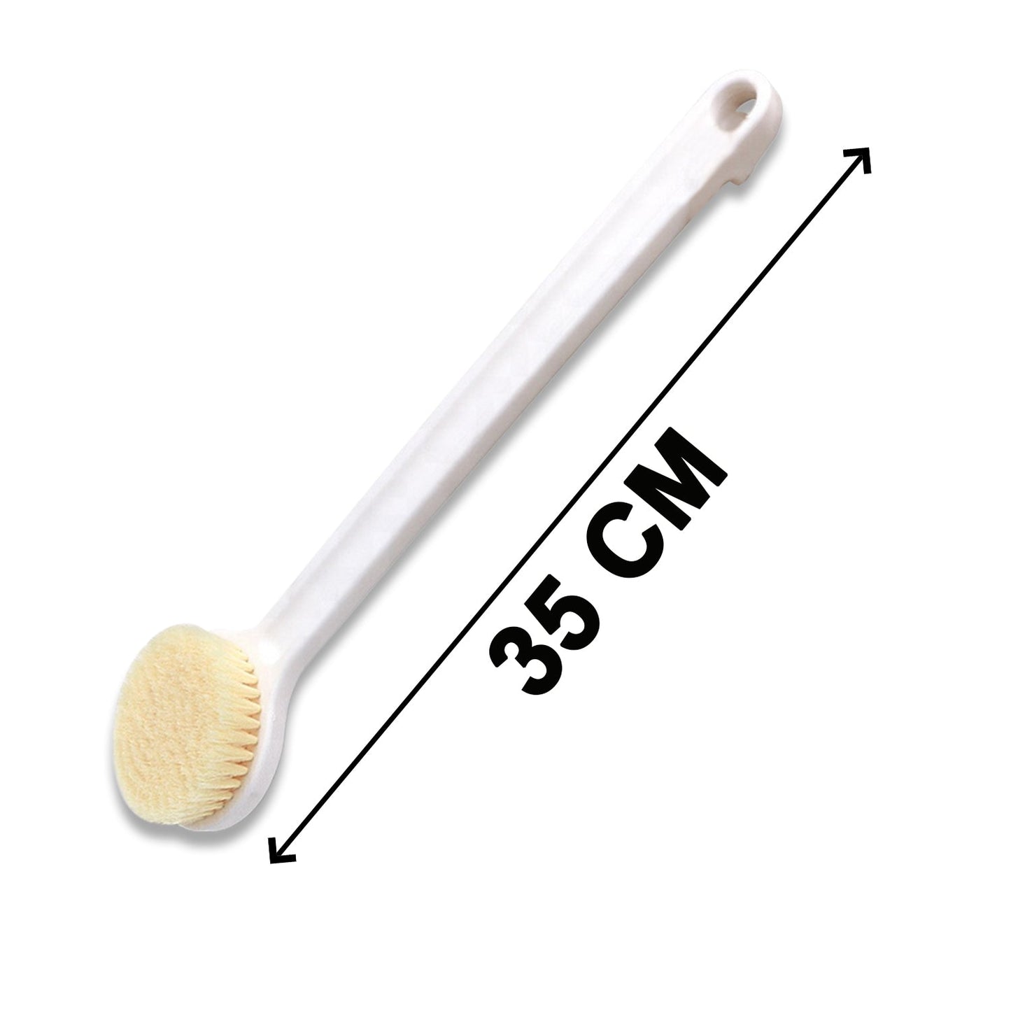 Long handle dry brush with soft bristles for body exfoliation.