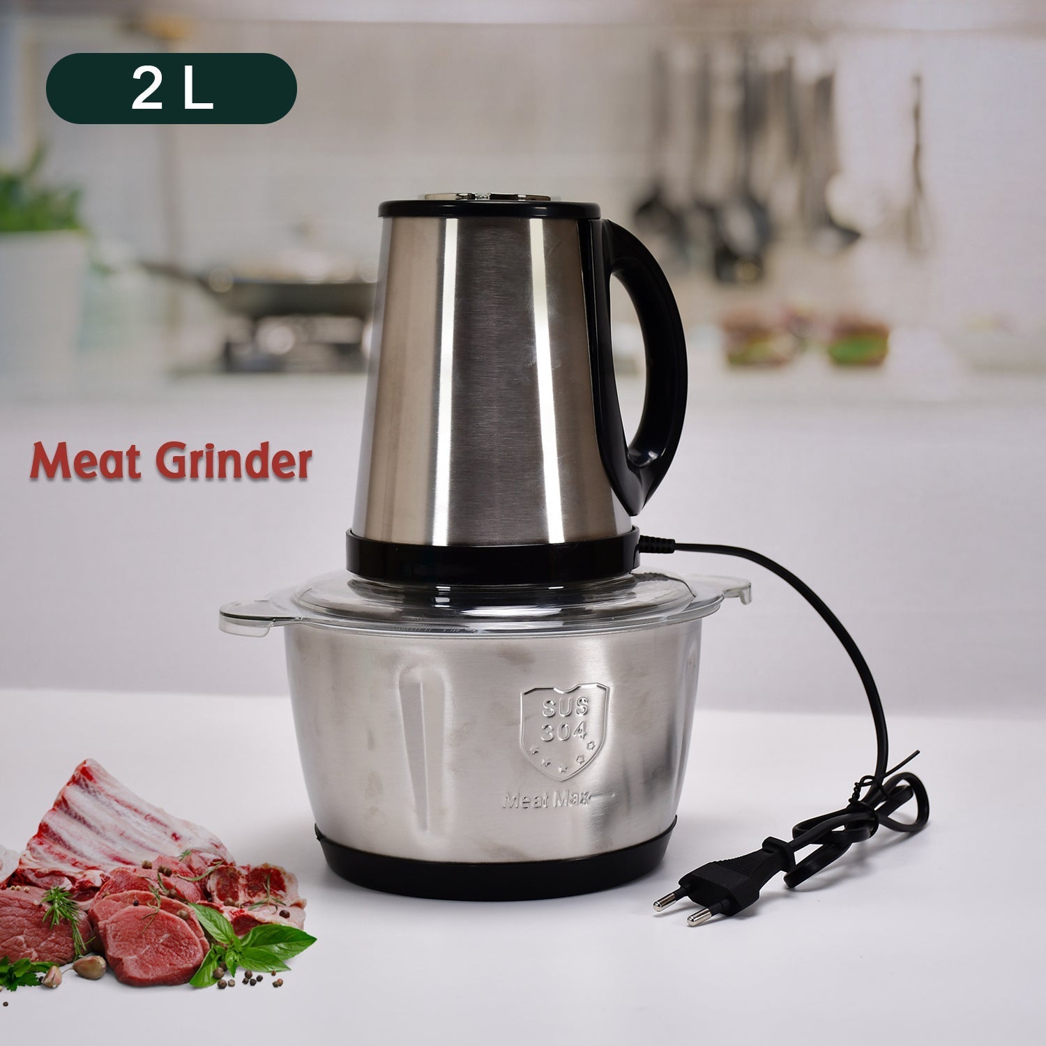 STAINLESS STEEL ELECTRIC MEAT GRINDERS WITH BOWL HEAVY FOR KITCHEN FOOD CHOPPER, MEAT, VEGETABLES, ONION , GARLIC SLICER DICER, FRUIT & NUTS BLENDER (2L, 250WATTS) - Springkart 