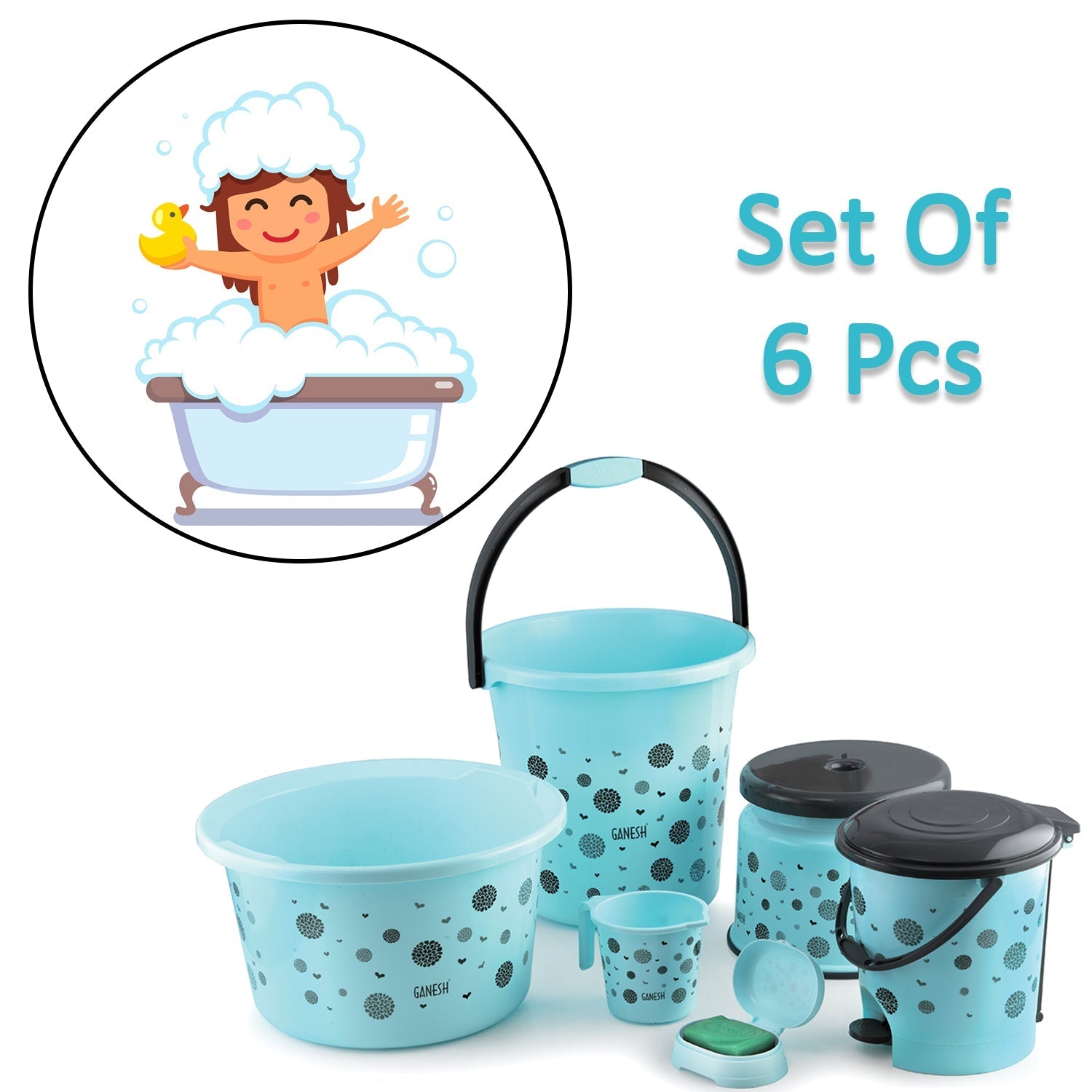 PLASTIC BATHROOM ACCESSORIES SET 6 PCS BATH SET BATHROOM BUCKET WITH DUSTBIN MUG, STOOL, SOAP CASE,TUB - Springkart 