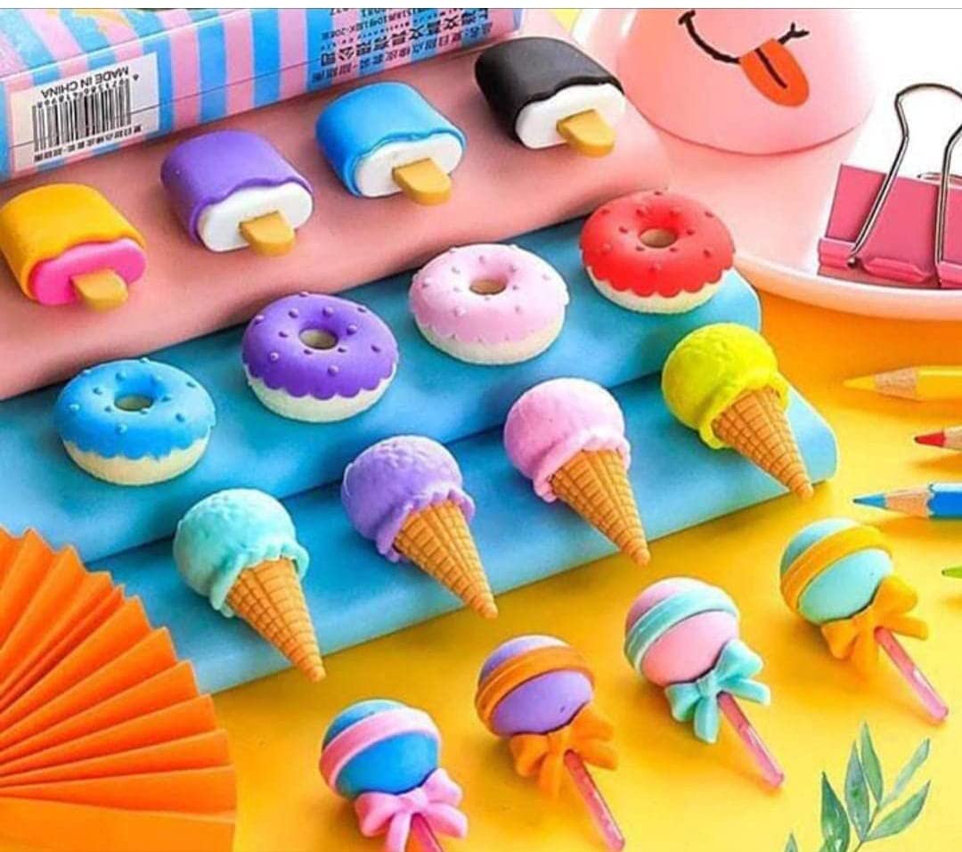Cone / Donut / Lolipop / Ice cream / Eraser for Girls & Boys / Eraser for School B'Day Return Gift Party Doughnut Lollipop Ice Cream Theme Shape Erasers Set for Kids Educational Stationary kit, School Supplies (1 Set 4 Pc) - Springkart 