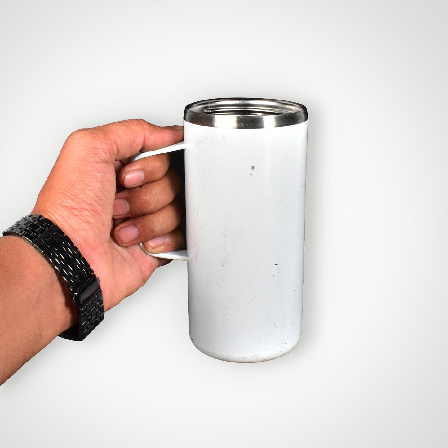 Large steel coffee mug with handle for camping