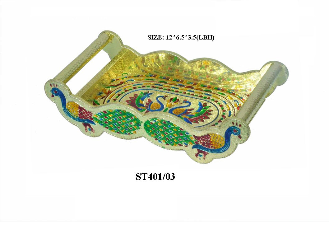 Peacock Design Glass with Handle and Handicraft Serving Tray Set - Springkart 