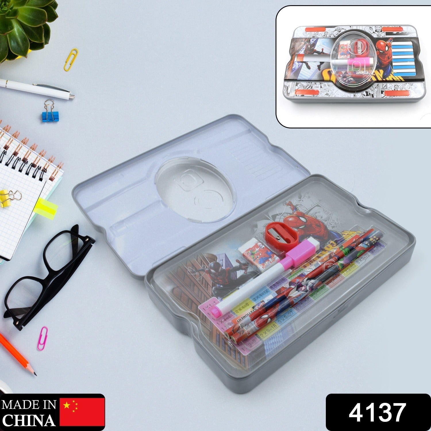 Big Cartoon Printed Metal Compass Box, Pencil Case With Sharpner, Eraser, Pencil, Marker & Scale for Kids Stationery Compass Box, Stationery Gift for School Kids Compass, Pencil Box, Birthday Return Gift for Kids (6 Pc Set) - Springkart 