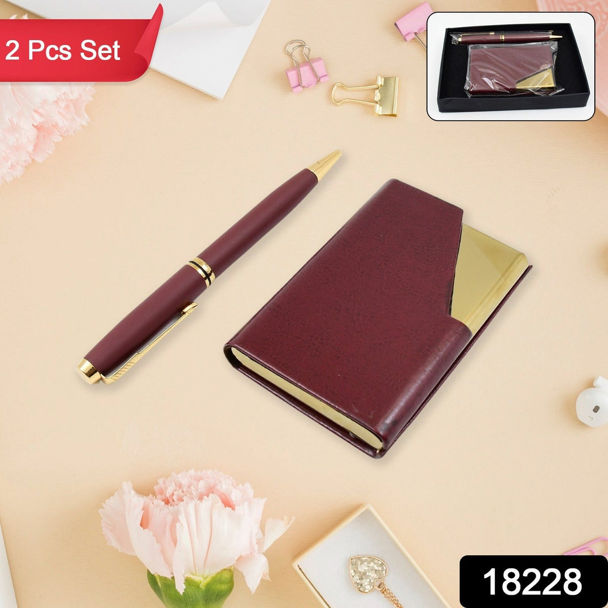 Leather Professional Business Visiting Card Case With Luxury Ballpoint Blue Pens (2 Pc Set / With Gift Box) - Springkart 