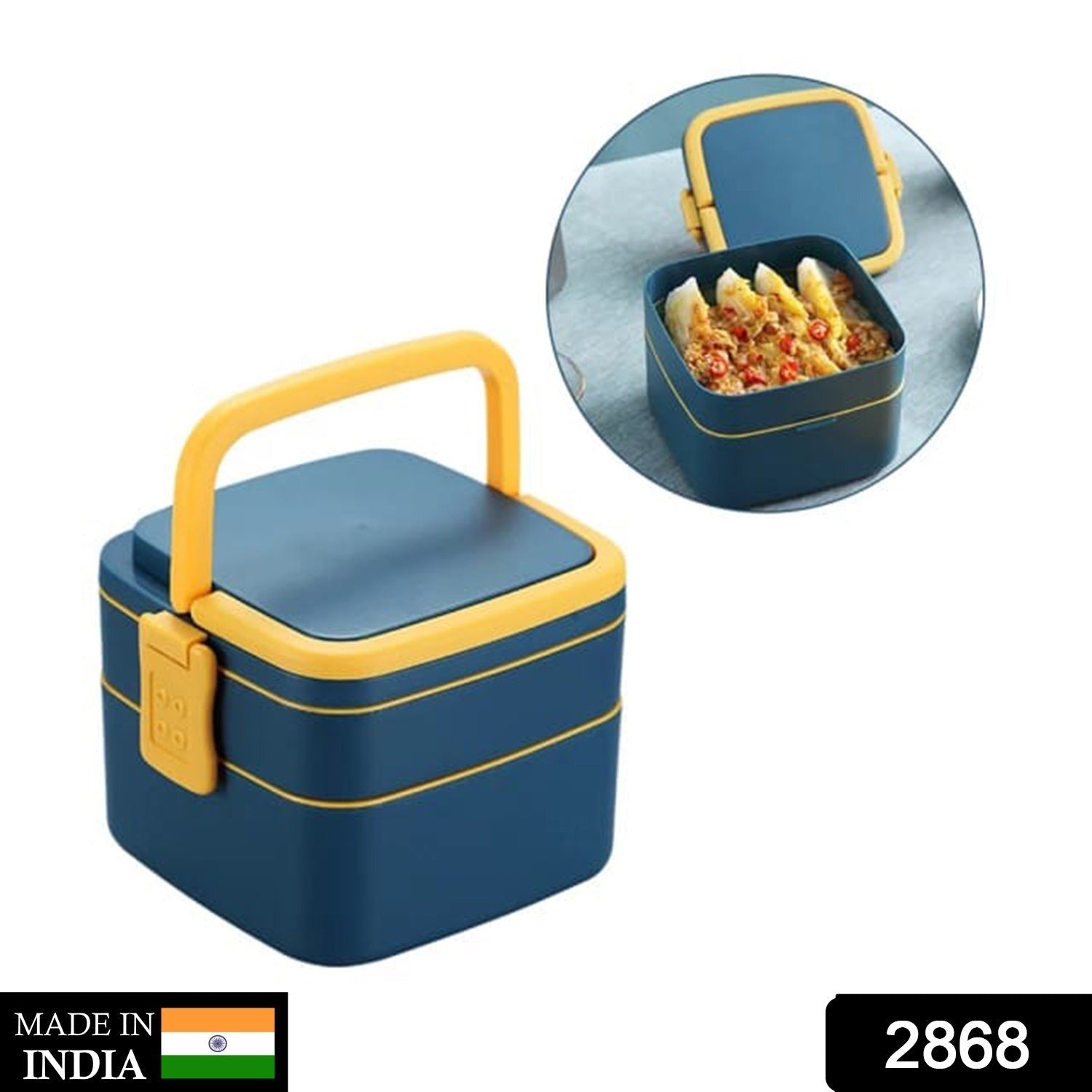 BLUE DOUBLE-LAYER PORTABLE LUNCH BOX STACKABLE WITH CARRYING HANDLE AND SPOON LUNCH BOX , Bento Lunch Box - Springkart 