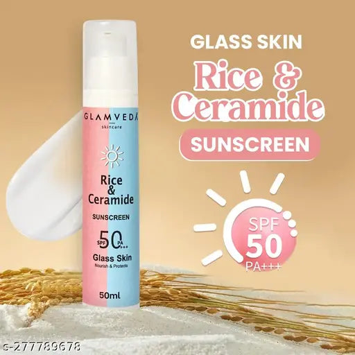 Glamveda Glass Skin Rice & Ceramide Sunscreen SPF 50 PA+++ | No White Cast | Water & Sweat Proof | Excess sebum production | 50 ml