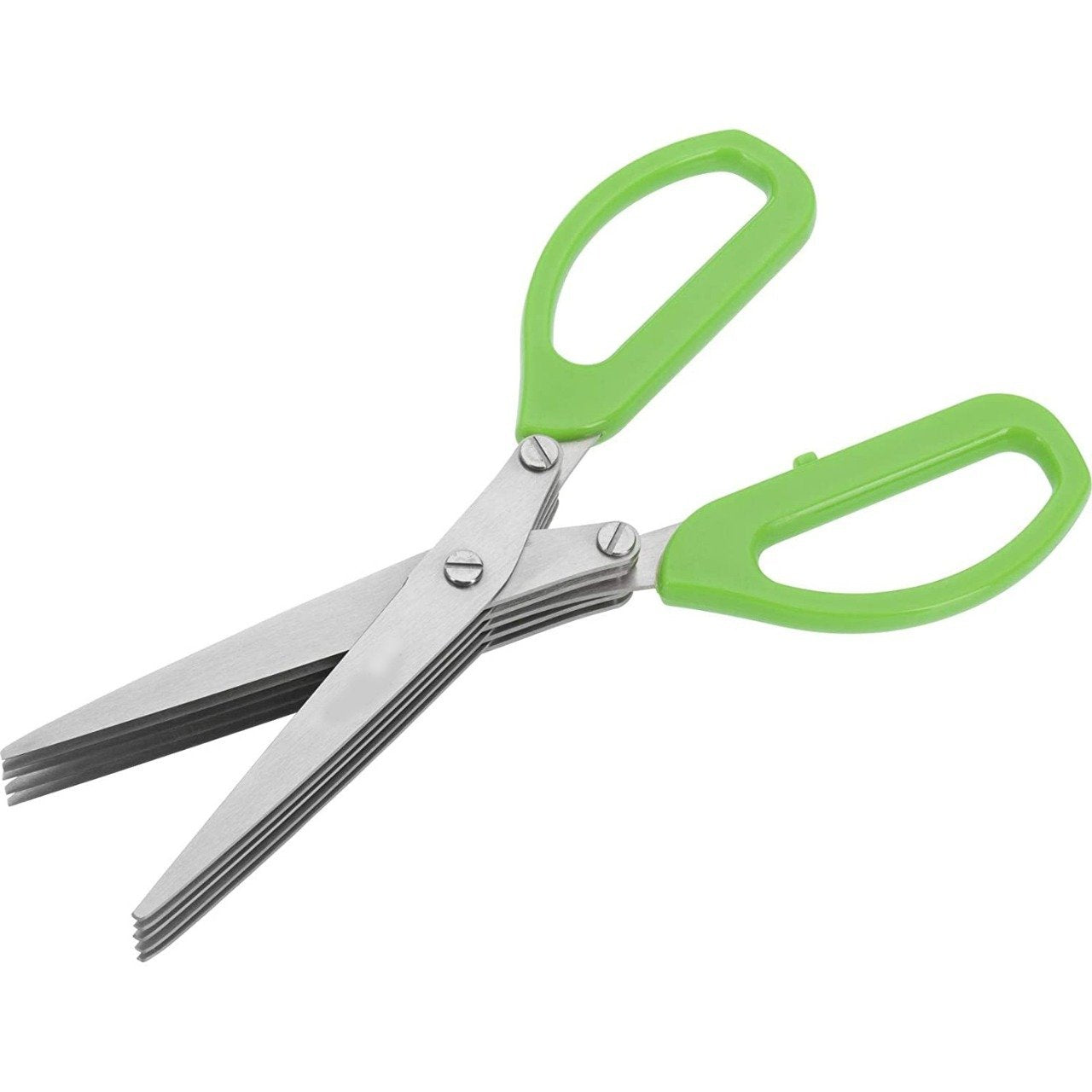 Multi-blade stainless steel herb scissors, angled view