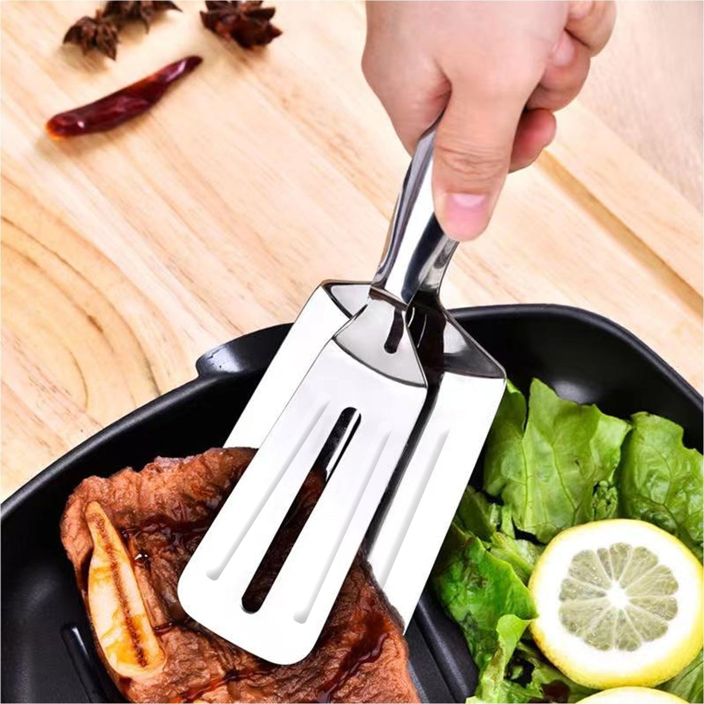 MULTIFUNCTION COOKING SERVING TURNER FRYING FOOD TONG. STAINLESS STEEL STEAK CLIP CLAMP BBQ KITCHEN TONG. - Springkart 