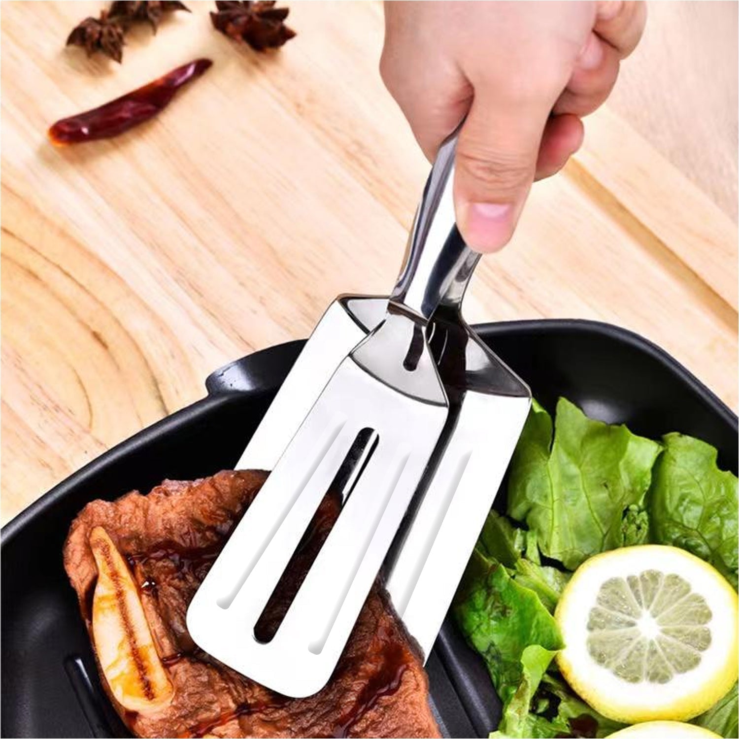 MULTIFUNCTION COOKING SERVING TURNER FRYING FOOD TONG. STAINLESS STEEL STEAK CLIP CLAMP BBQ KITCHEN TONG. - Springkart 