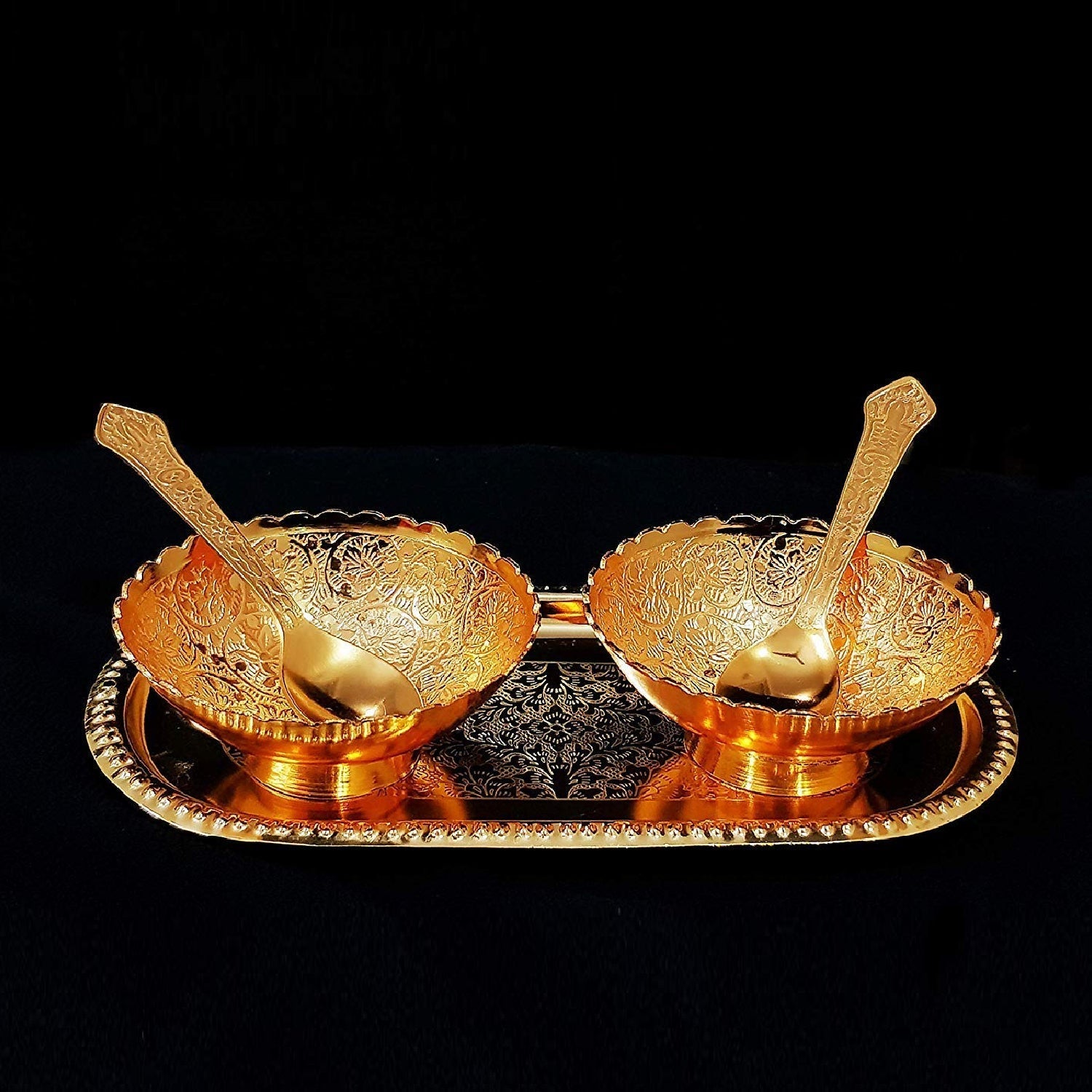 Gold Silver Plated 2 Bowl 2 Spoon Tray Set Brass with Red Velvet Gift Box Serving Dry Fruits Desserts Gift - Springkart 