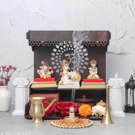 Elegant Handcrafted Wooden Wall Mounted Puja Shelf with Om Design - Traditional Home Temple & Decor