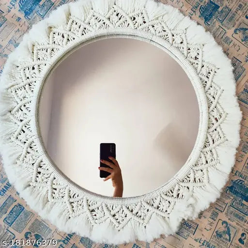 ALIF CREATIONS  Macrame Wall Mirror with Boho Fringes, Round Antique Mirror Frame Art, Bohemian Handmade Decor for Apartment, Living Room, Bedroom, Entryways