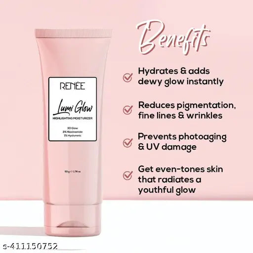 RENEE Lumi Glow Highlighting Moisturizer, Reduces Pigmentation, Fine Lines & Wrinkles, Prevents Photoaging & UV Damage, Hydrating & Non-Sticky, Dewy Finish, Enriched with Niacinamide & Hyaluronic Acid, 50 Gm