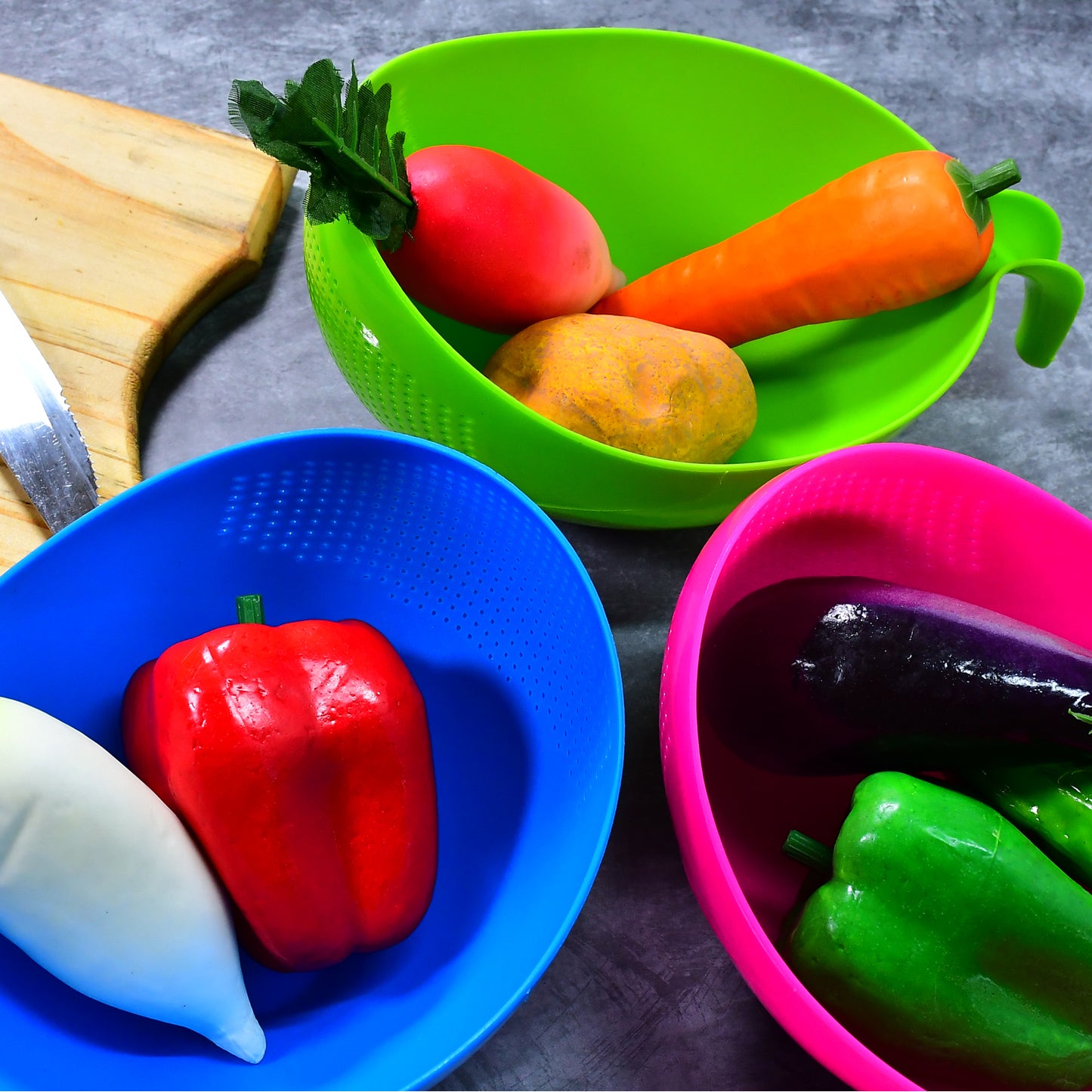 2068 Plastic Rice Bowlfood Strainer Thick Drain Basket With Handle For Rice Vegetable Fruit (Set Of 3pcs) - Springkart 