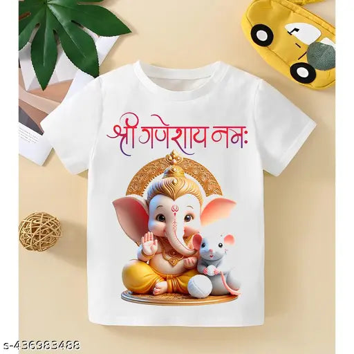 GANPATI BABA MORIYA T SHIRT FOR KIDS SIZE BOYS GIRLS Polyester White Short Sleeves Printed Tshirts