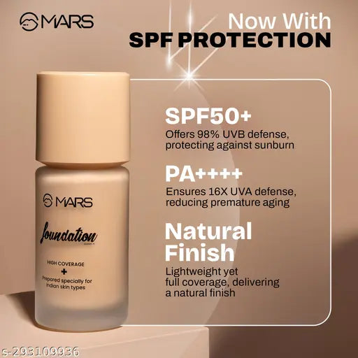 MARS SPF50 PA++++ High Coverage Liquid Foundation | Blemish Free & Blendable Foundation for Makeup (40ml) (SHADE-02)