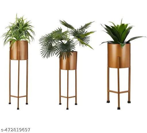 Metal Planters Pot Holder (Round Base) with Metal Plant Stand (Gold, Set of 3) | Tall Indoor Plant Stand with Planter Pot, suited for indoor/outdoor Plant stande  Planter stande with pot Metal planter